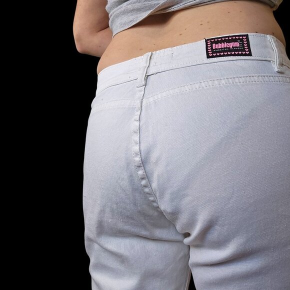 Y2K White Flare Jeans Pants Pink Embroidered Flowers Sz 6 Thin Stretch Retro - Picture 7 of 10